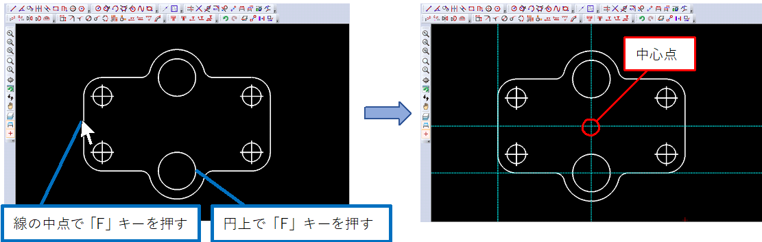 「F」キーで補助線を引くイメージ図