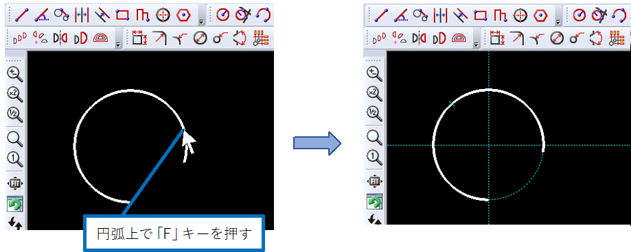 円弧上で補助線を引くイメージ図