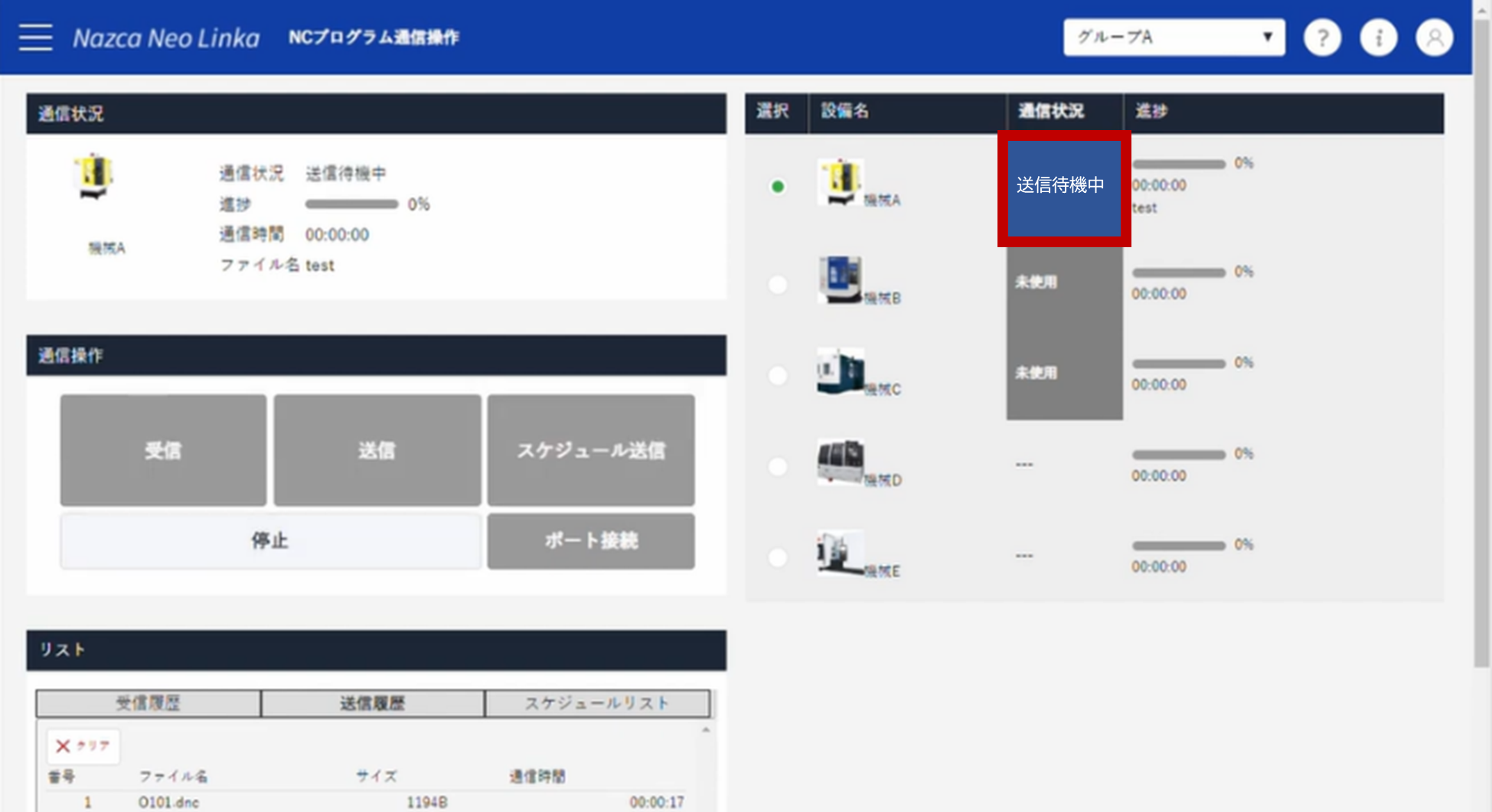 通信状況のステータスが、停止中から送信待機中に変化するイメージ図