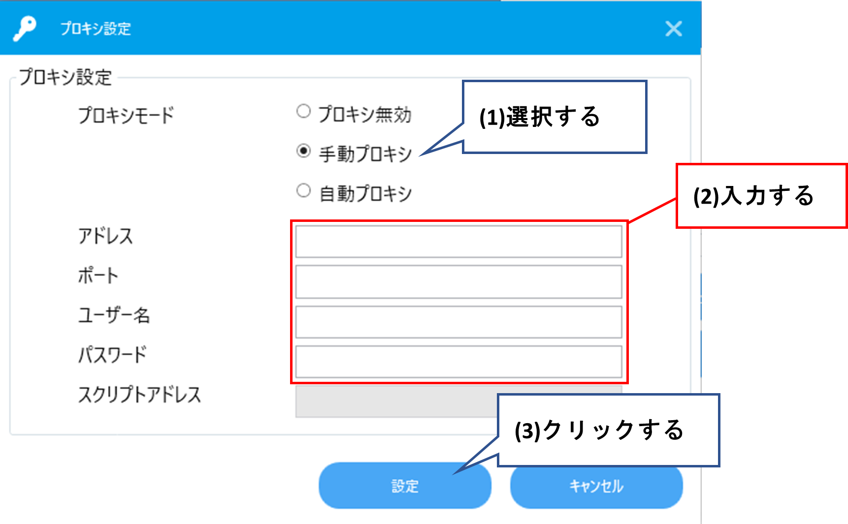 手動プロキシを選択して、設定をクリックする