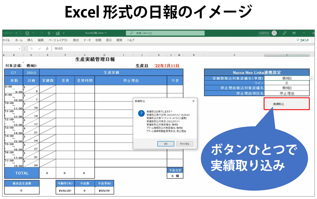 Excelファイルとの連携も可能。すでにお使いのExcelファイルにNazca Neo Linkaで取得した実績データをボタンひとつで反映できます。